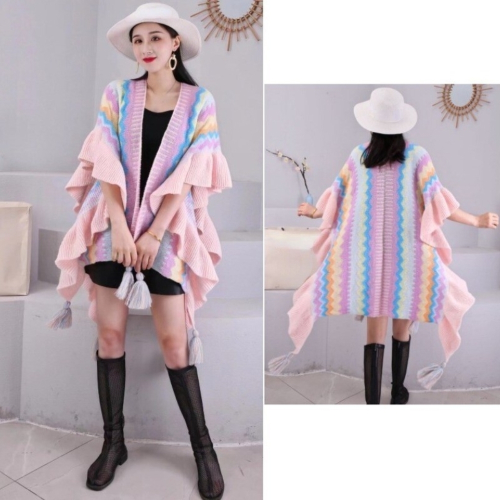 Pastel Rainbow Kawaii Fairy Kei Frilly Open Front Longlike Cardigan Sweater - Picture 7 of 7